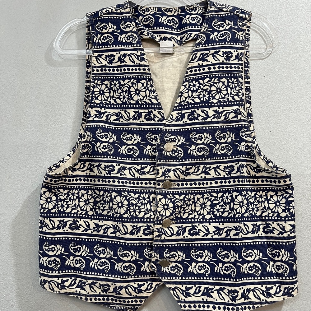 Vivaldi Jeanswear Vintage Denim Blue/Cream Floral Print Silver Tone Buttons Sz M